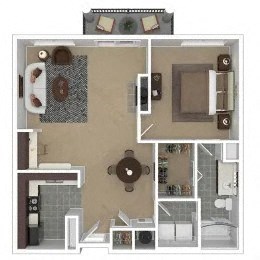 Floor plan for 1 bed, 1 bath, 881 sqft