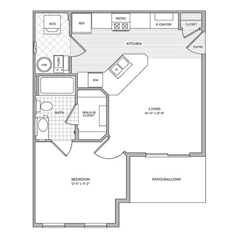 Floor plan for 1 bed, 1 bath, 597 sqft