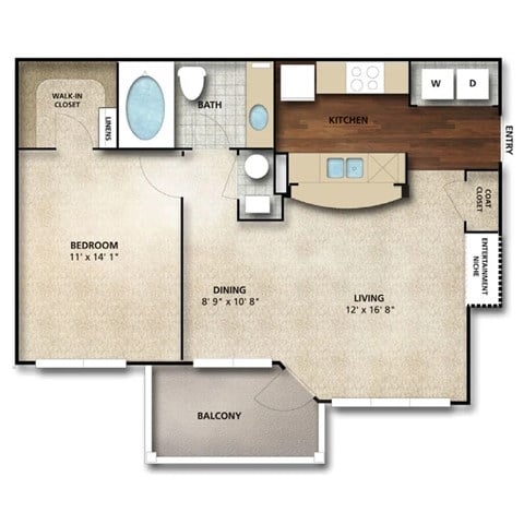 Floor plan for 1 bed, 1 bath, 680 sqft