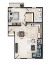 Floor plan for 1 bed, 1 bath, 600 sqft