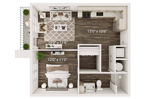 Floor plan for 1 bed, 1 bath, 628 sqft