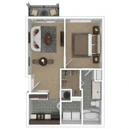 Floor plan for 1 bed, 1 bath, 596 sqft