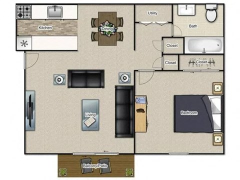 Floor plan for 1 bed, 1 bath, 645 sqft
