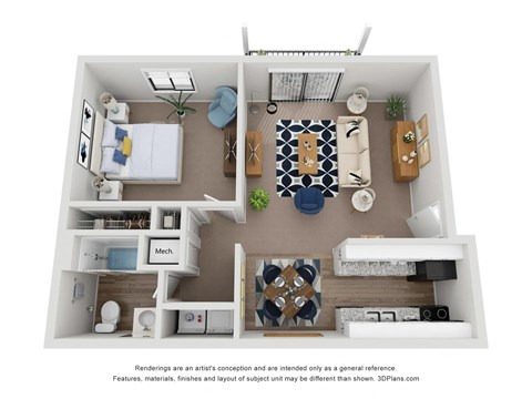 Floor plan for 1 bed, 1 bath, 645 sqft