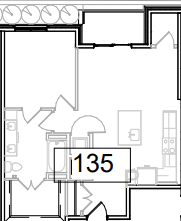 Floor plan for 1 bed, 1 bath, 750 sqft