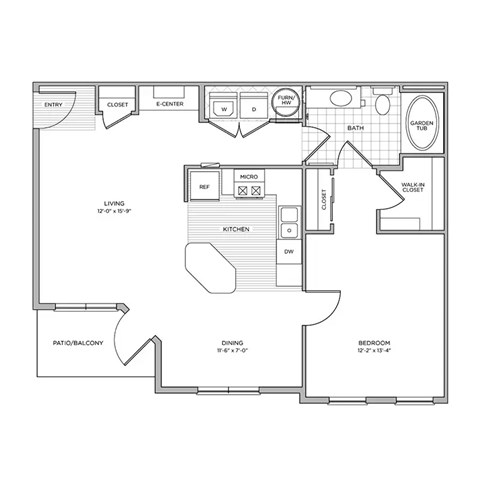 Floor plan for 1 bed, 1 bath, 813 sqft