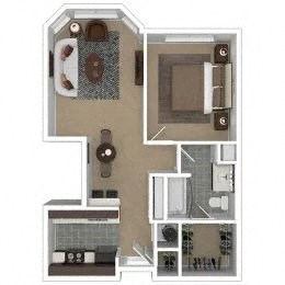 Floor plan for 1 bed, 1 bath, 643 sqft