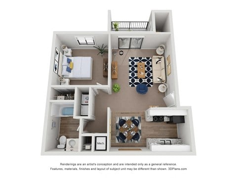Floor plan for 1 bed, 1 bath, 695 sqft