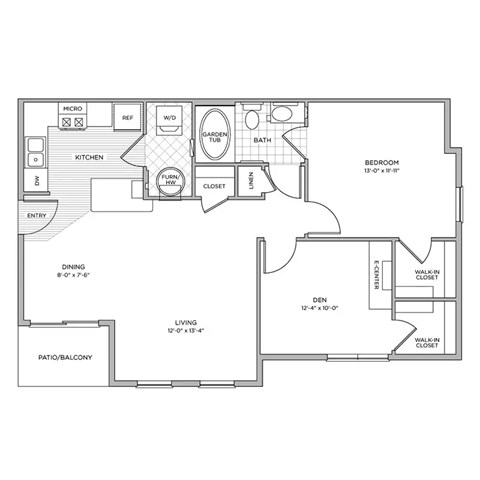 Floor plan for 1 bed, 1 bath, 900 sqft