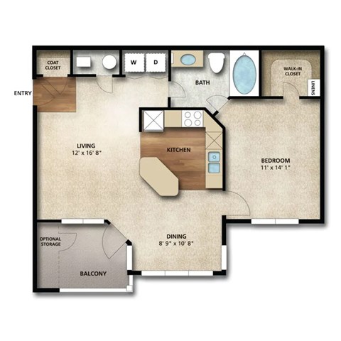 Floor plan for 1 bed, 1 bath, 755 sqft