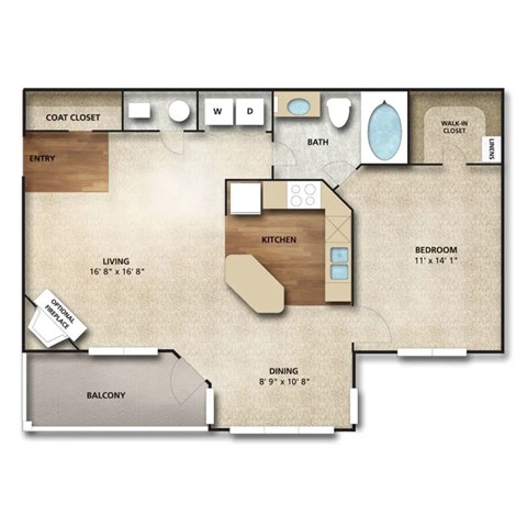 Floor plan for 1 bed, 1 bath, 820 sqft