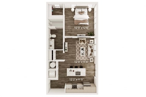 Floor plan for 1 bed, 1 bath, 722 sqft