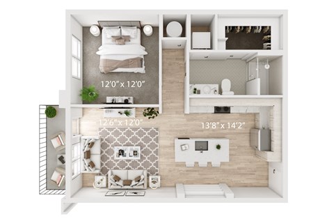 Floor plan for 1 bed, 1 bath, 784 sqft
