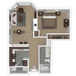 Floor plan for 1 bed, 1 bath, 707 sqft