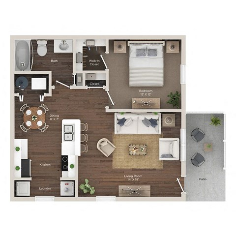Floor plan for 1 bed, 1 bath, 720 sqft