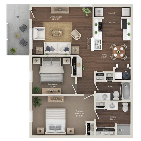 Floor plan for 2 beds, 2 baths, 996 sqft