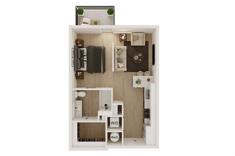 Floor plan for studio, 1 bath, 645 sqft