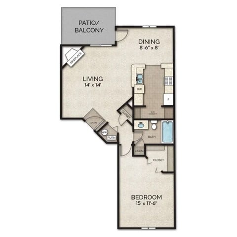 Floor plan for 1 bed, 1 bath, 744 sqft
