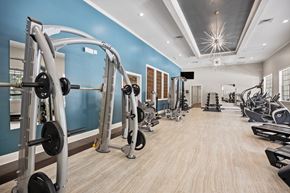 Apex townhouse for rent - a gym with weights and other exercise equipment and a light blue wall