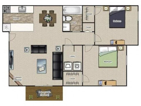 Floor plan for 2 beds, 1 bath, 833 sqft