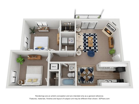 Floor plan for 2 beds, 1 bath, 833 sqft