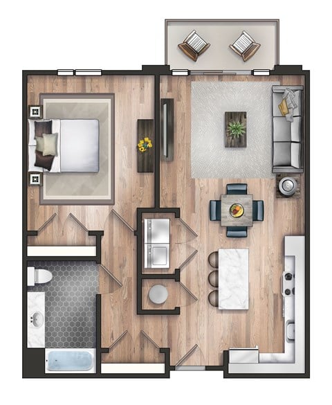 Floor plan for 1 bed, 1 bath, 854 sqft