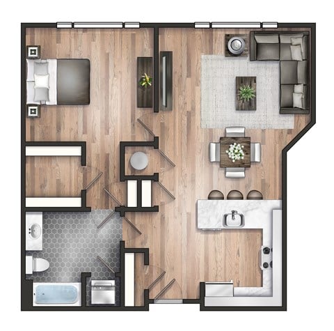 Floor plan for 1 bed, 1 bath, 834 sqft