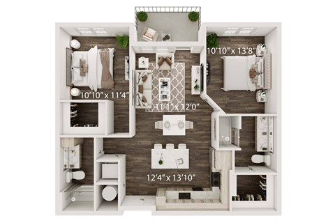 Floor plan for 2 beds, 2 baths, 1015 sqft