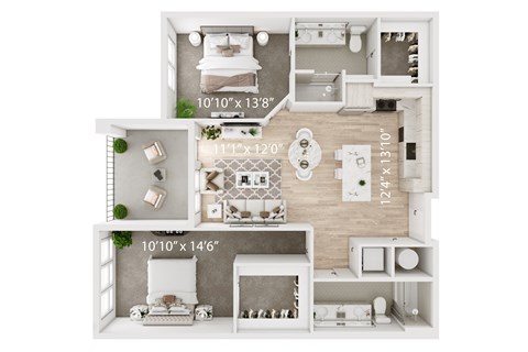 Floor plan for 2 beds, 2 baths, 1104 sqft