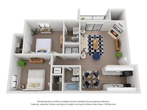 Floor plan for 2 beds, 2 baths, 833 sqft