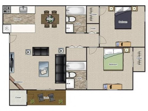 Floor plan for 2 beds, 2 baths, 883 sqft