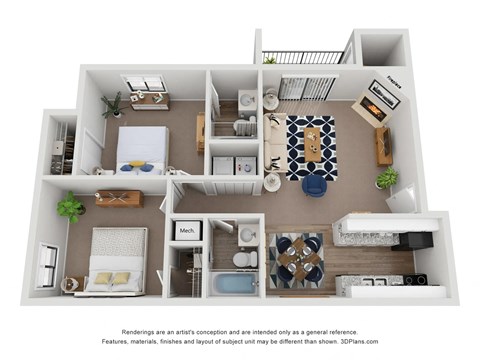 Floor plan for 2 beds, 2 baths, 883 sqft