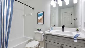 Virginia Beach apartment for rent - A bathroom with a white toilet, sink, and a blue shower curtain.