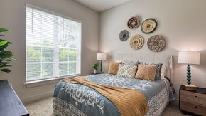 Glen Allen apartment for rent - A bedroom with a bed, two lamps, and decorative wall plates.