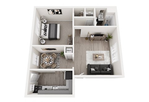 Floor plan for 1 bed, 1 bath, 624 sqft