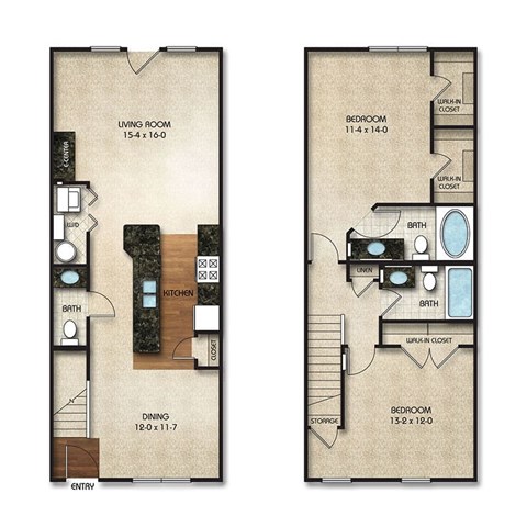 Floor plan for 2 beds, 2.5 baths, 1305 sqft