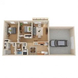 Floor plan for 2 beds, 2 baths, 957 sqft