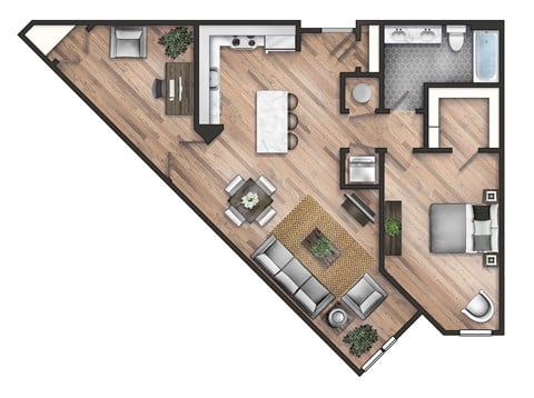 Floor plan for 1 bed, 1 bath, 998 sqft