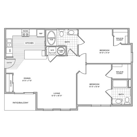 Floor plan for 2 beds, 2 baths, 998 sqft