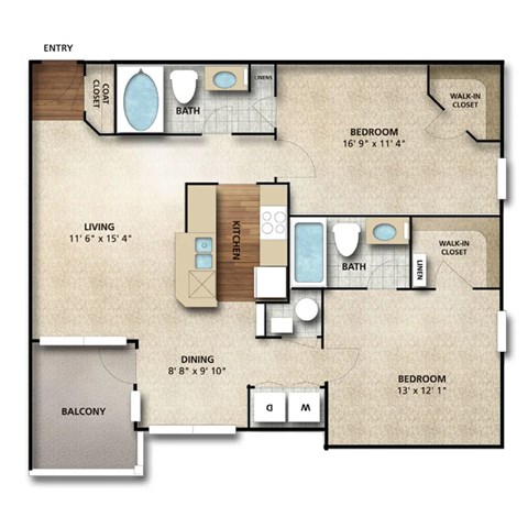 Floor plan for 2 beds, 2 baths, 975 sqft
