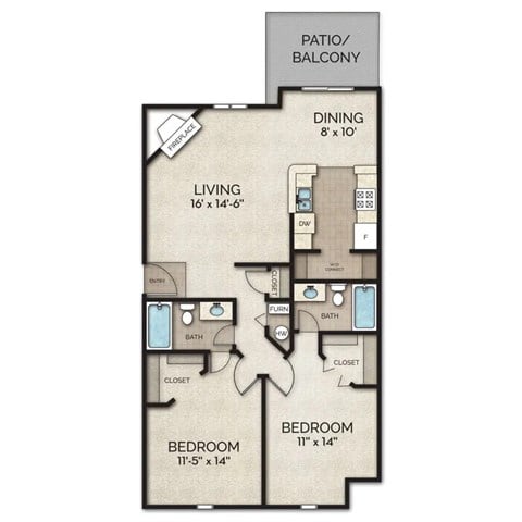 Floor plan for 2 beds, 2 baths, 978 sqft
