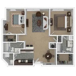Floor plan for 2 beds, 2 baths, 1022 sqft