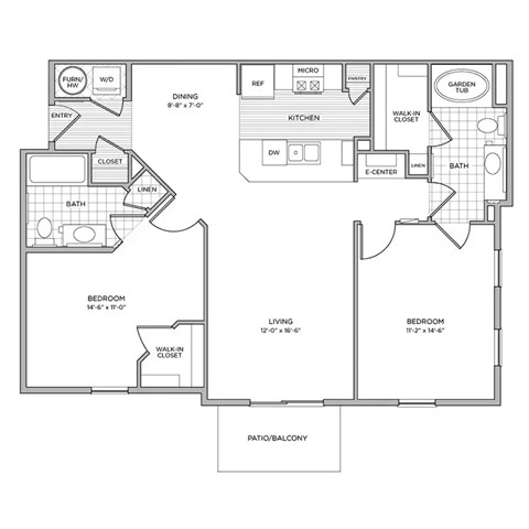 Floor plan for 2 beds, 2 baths, 1095 sqft