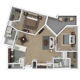Floor plan for 2 beds, 2 baths, 1029 sqft