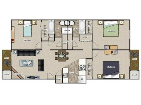 Floor plan for 3 beds, 2 baths, 1356 sqft