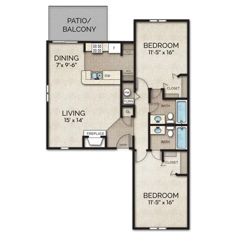 Floor plan for 2 beds, 2 baths, 1042 sqft