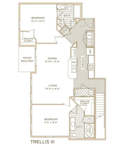 Floor plan for 2 beds, 2 baths, 1205 sqft