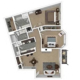 Floor plan for 2 beds, 2 baths, 1033 sqft