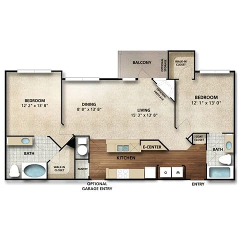 Floor plan for 2 beds, 2 baths, 1155 sqft