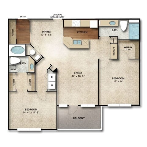 Floor plan for 2 beds, 2 baths, 1210 sqft
